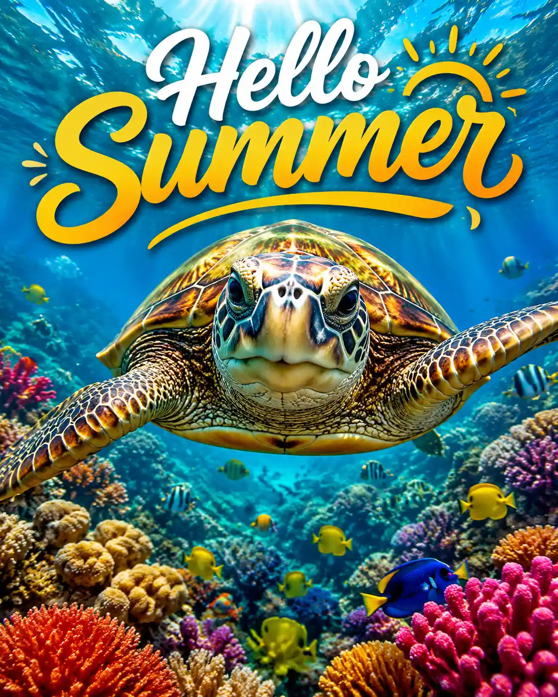 Sea turtle swimming close up over a colorful coral reef