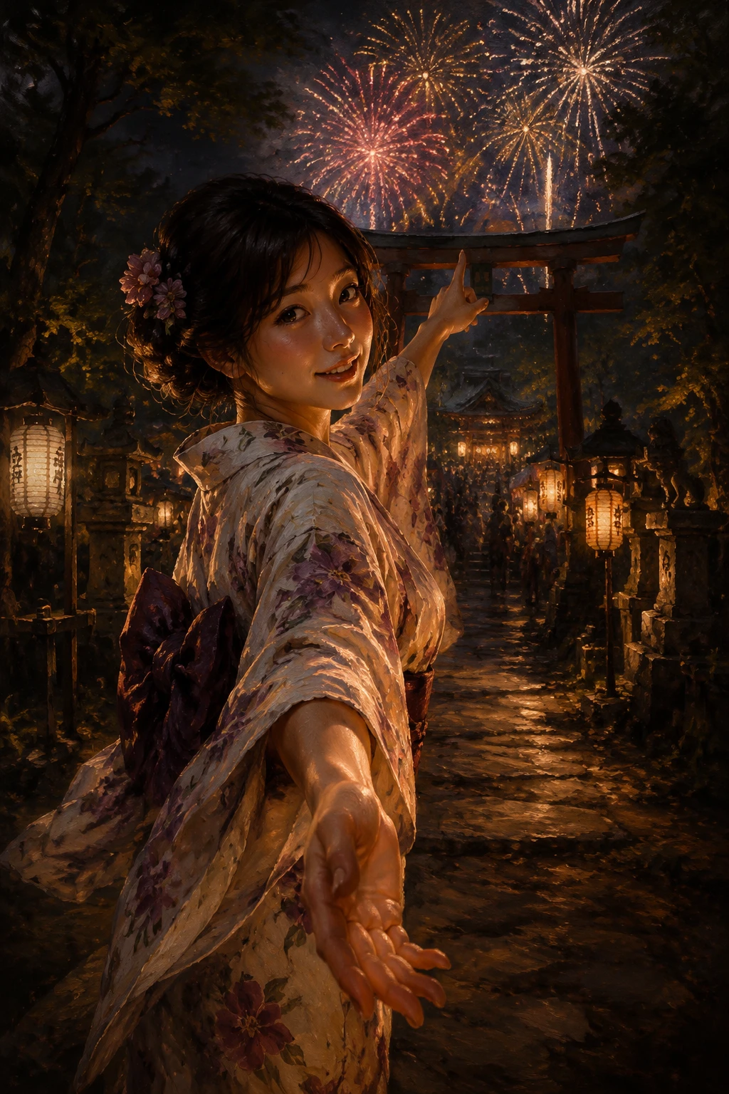 Japanese girl in yukata on lantern lit shrine path