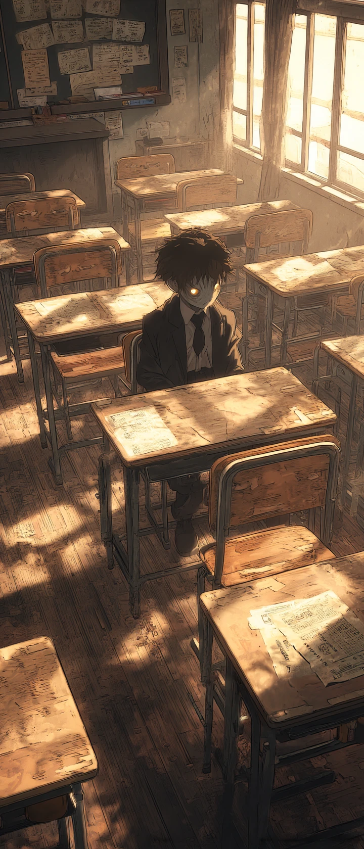 Garoto de anime em sala de aula vintage assombrada - fotografia