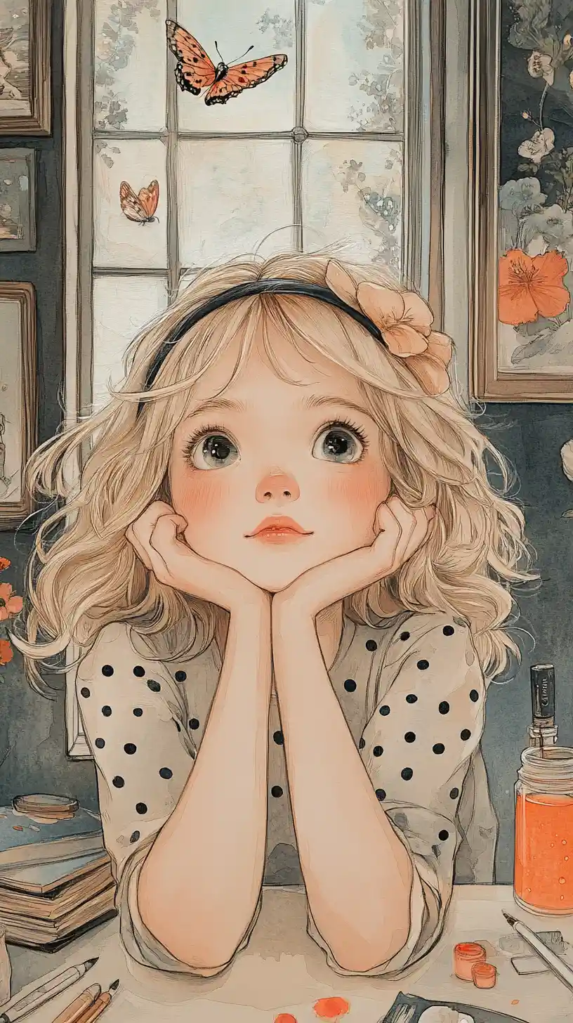 Dreamy blonde girl resting her chin and gazing upward