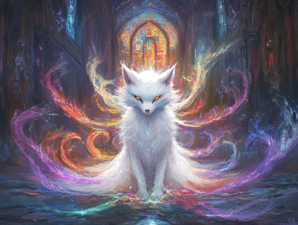 Mystical Kitsune In A Dimly Lit Enchanted Chamber