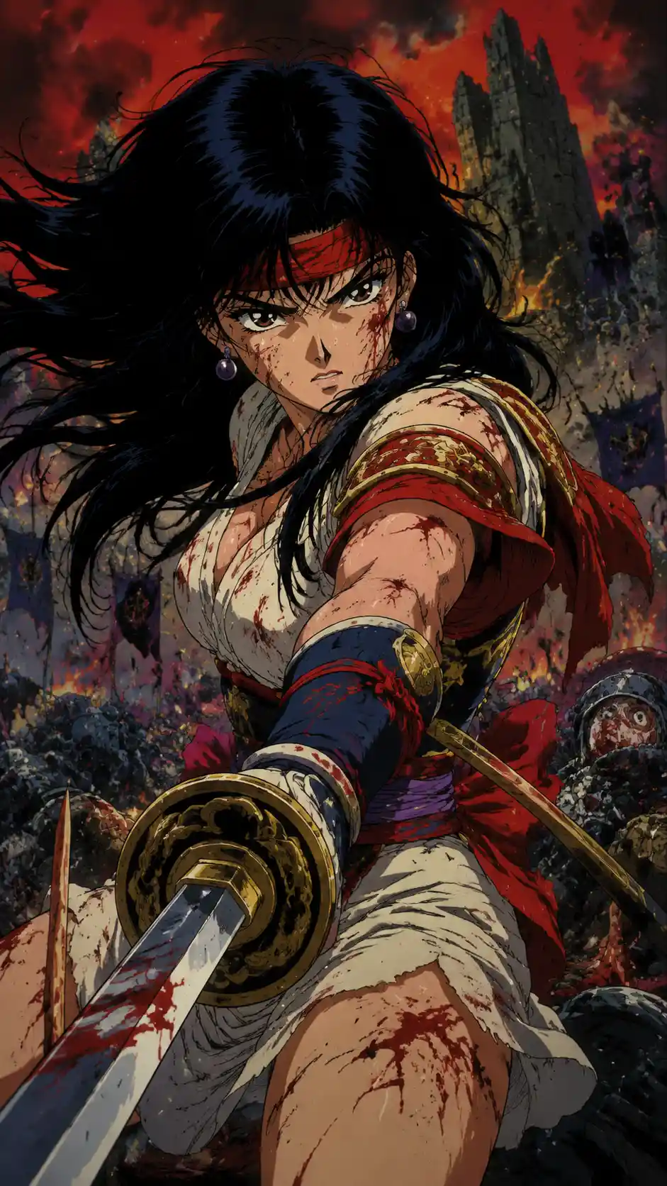 Anime female warrior standing in a tense battlefield scene
