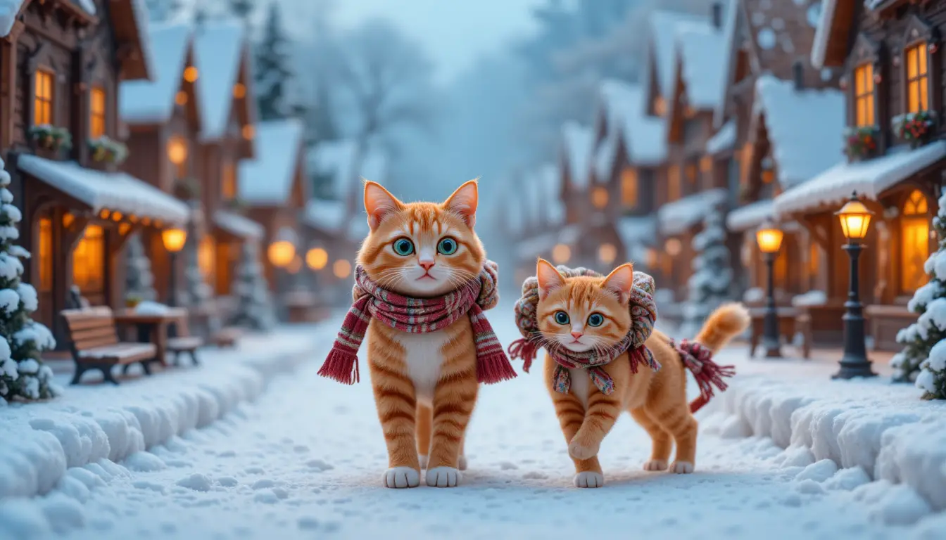 母猫と子猫が雪の積もったおもちゃの村の通りを歩く