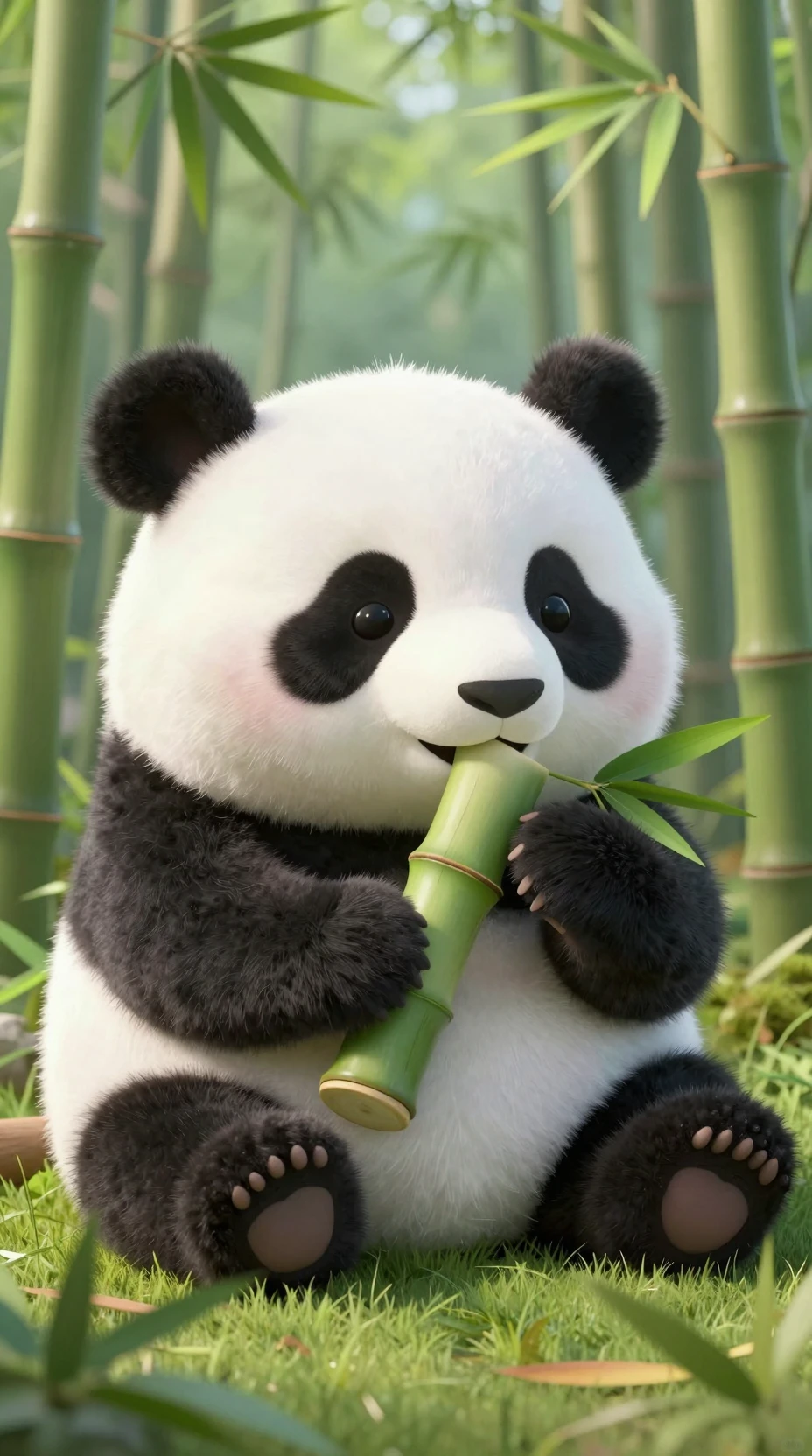 Ilustración de adorable bebé panda masticando bambú en el bosque