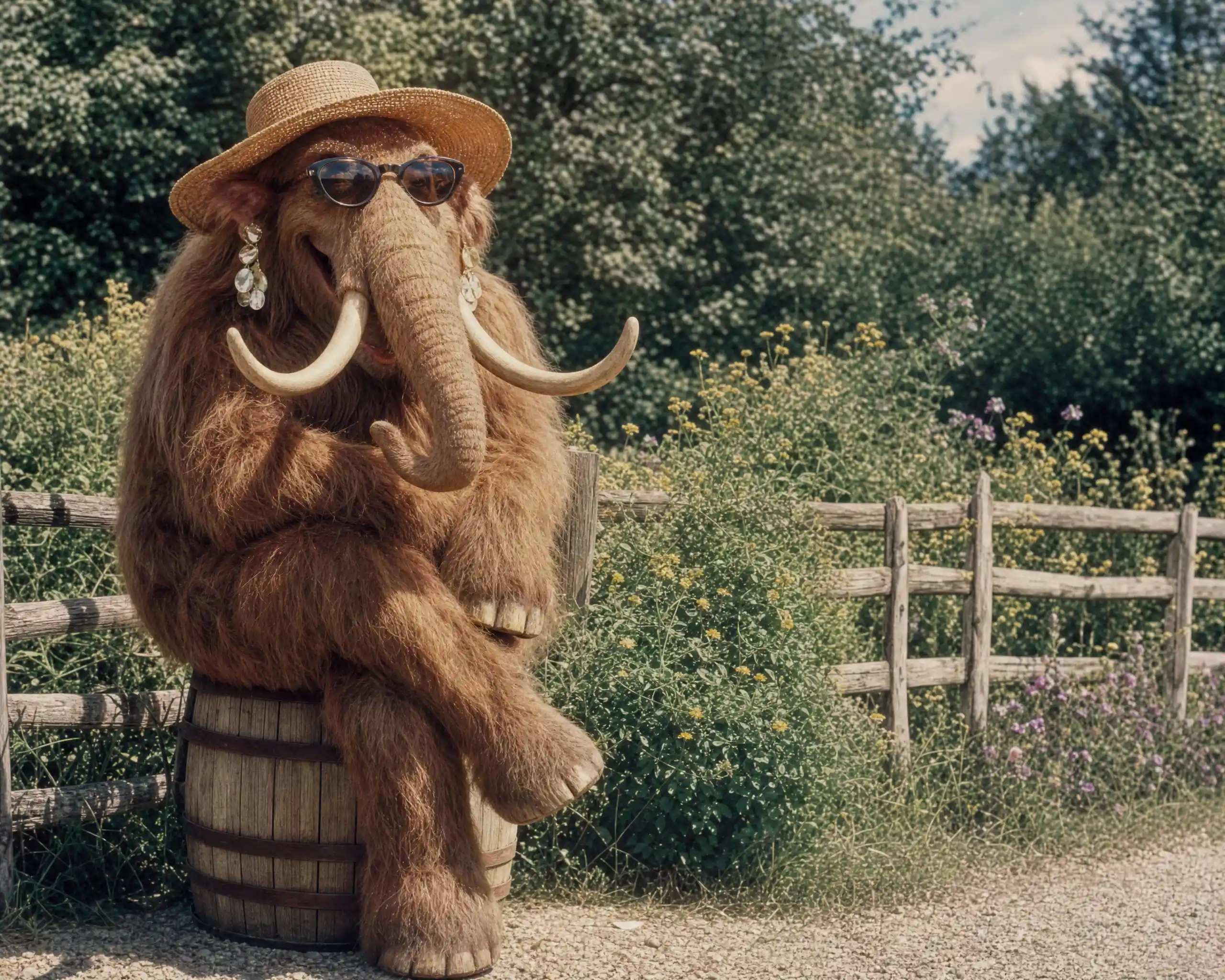 Cheerful mammoth in sun hat relaxing in rustic garden