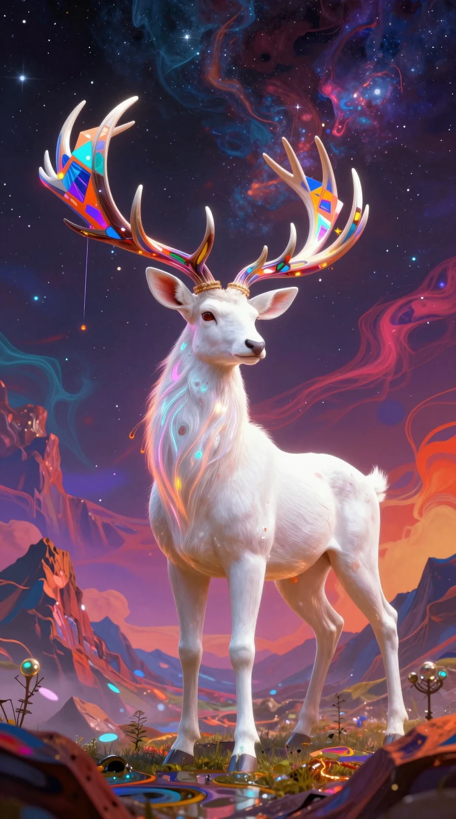Majestuoso Ciervo Blanco en Paisaje de Fantasía Cósmica Psodélica