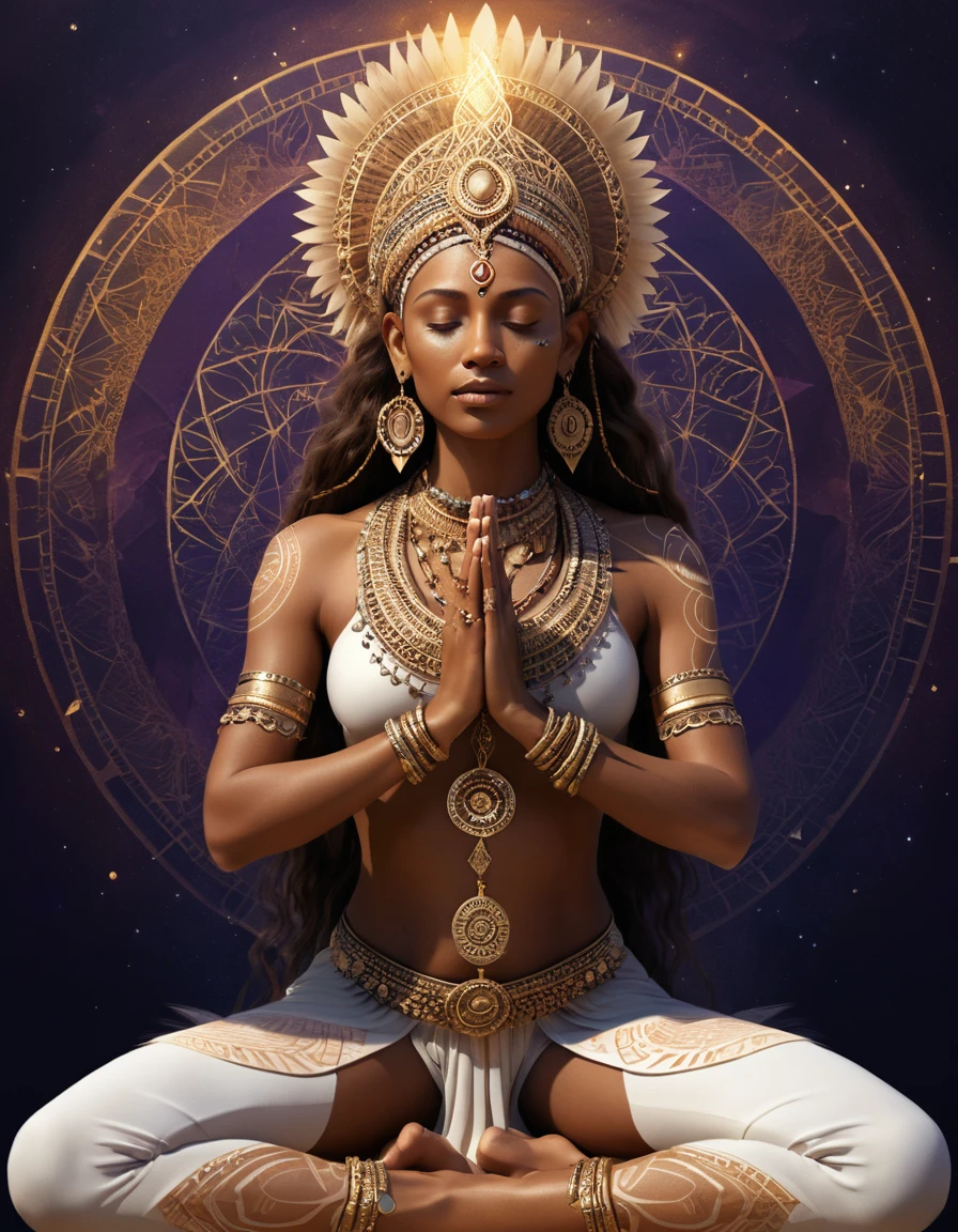Tribal goddess kneeling in prayer amid glowing cosmic aura