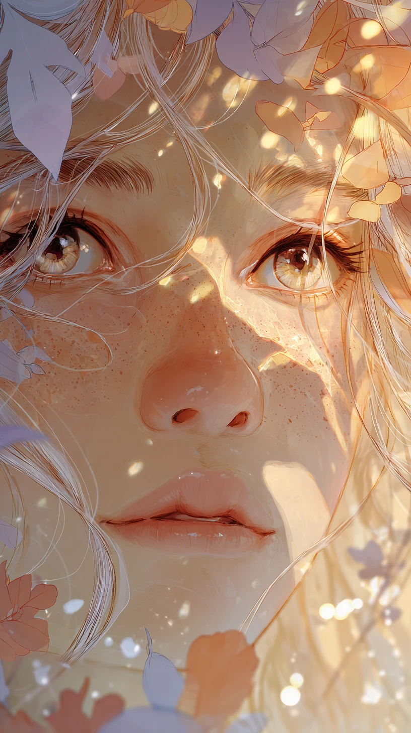 Retrato de chica de anime soñadora con suaves hojas de otoño