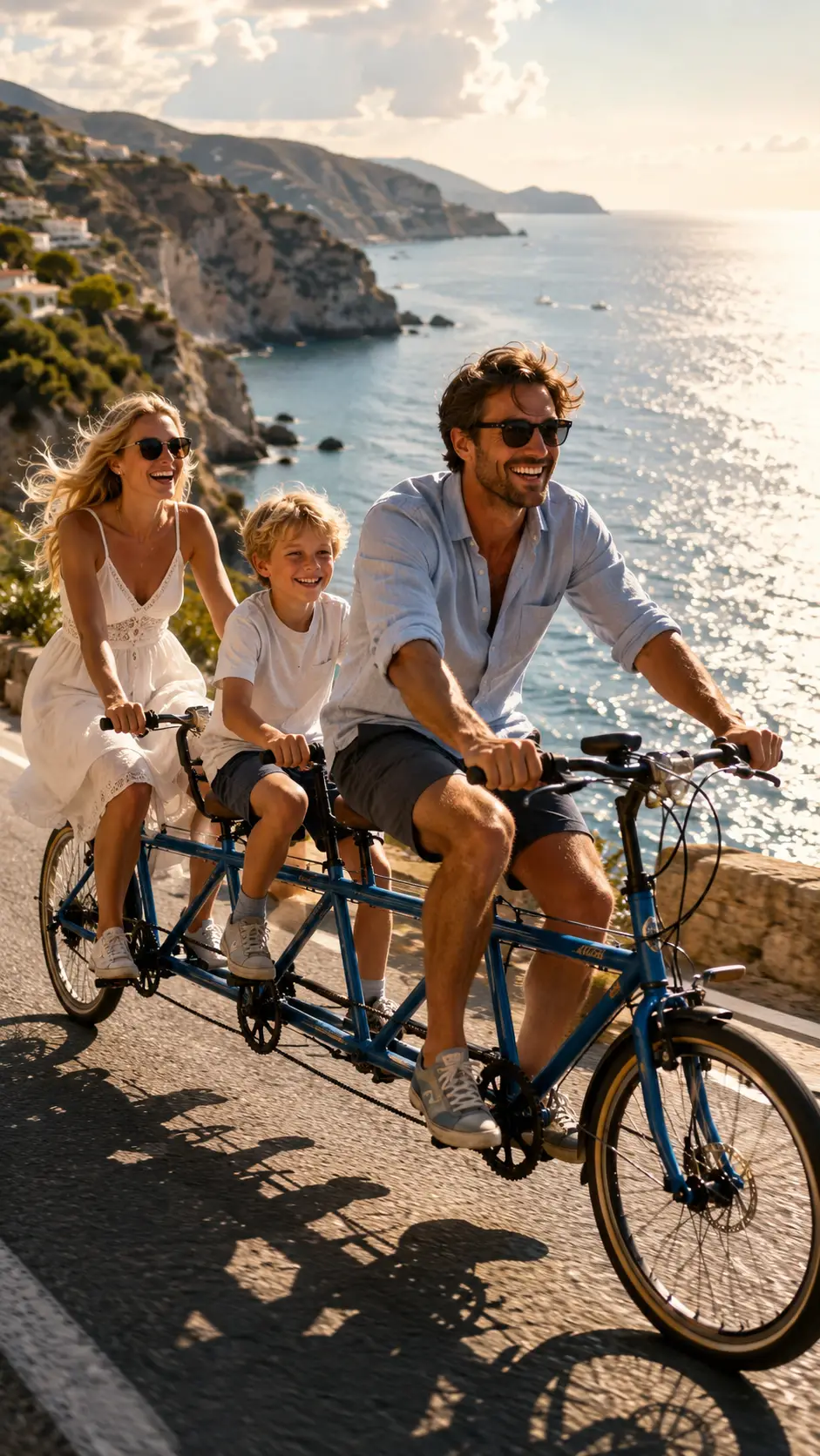 Fröhliche Familie radelt gemeinsam auf einer sonnigen Küstenstraße