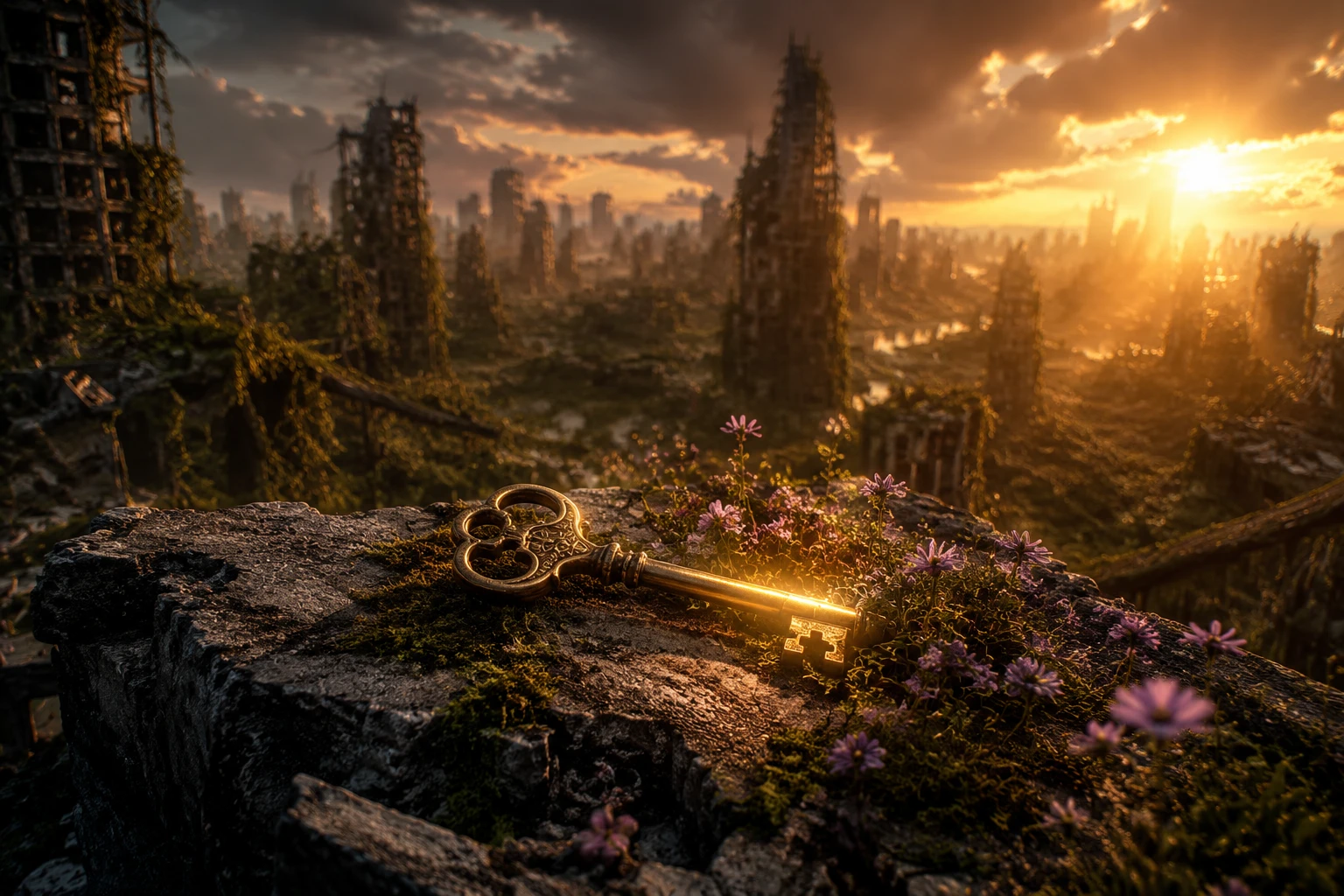 Antique key among wildflowers in ruined city at sunset