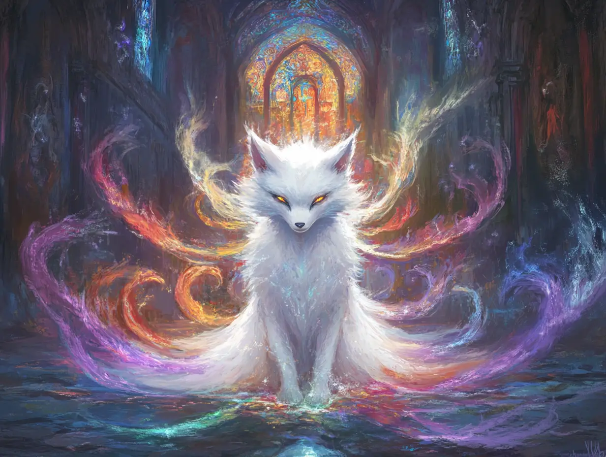 Mystical Kitsune In A Dimly Lit Enchanted Chamber