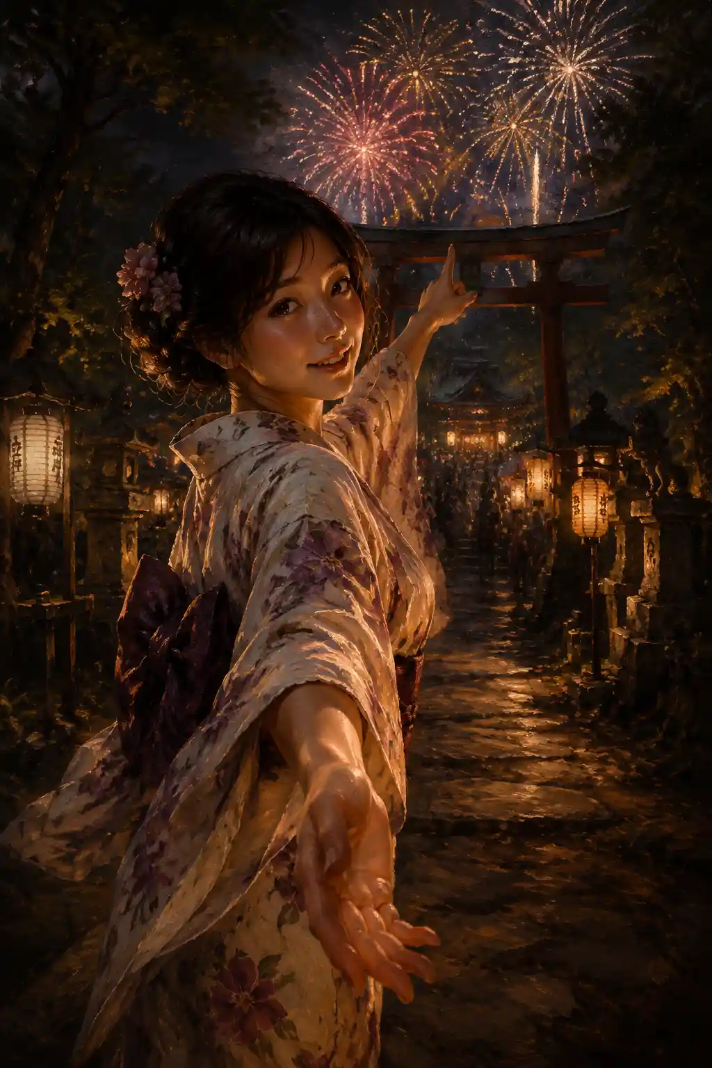 Japanese girl in yukata on lantern lit shrine path