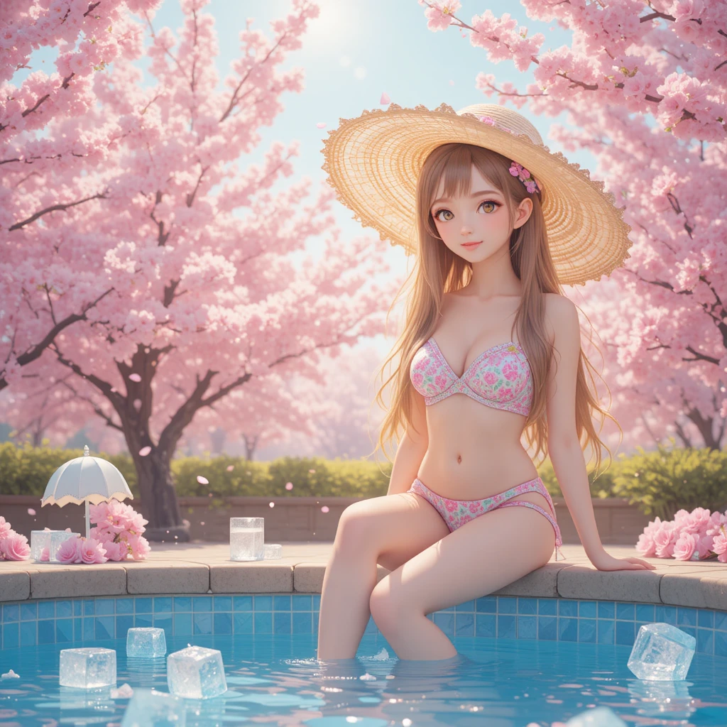 Cherry blossoms and sunny poolside scene for early summer