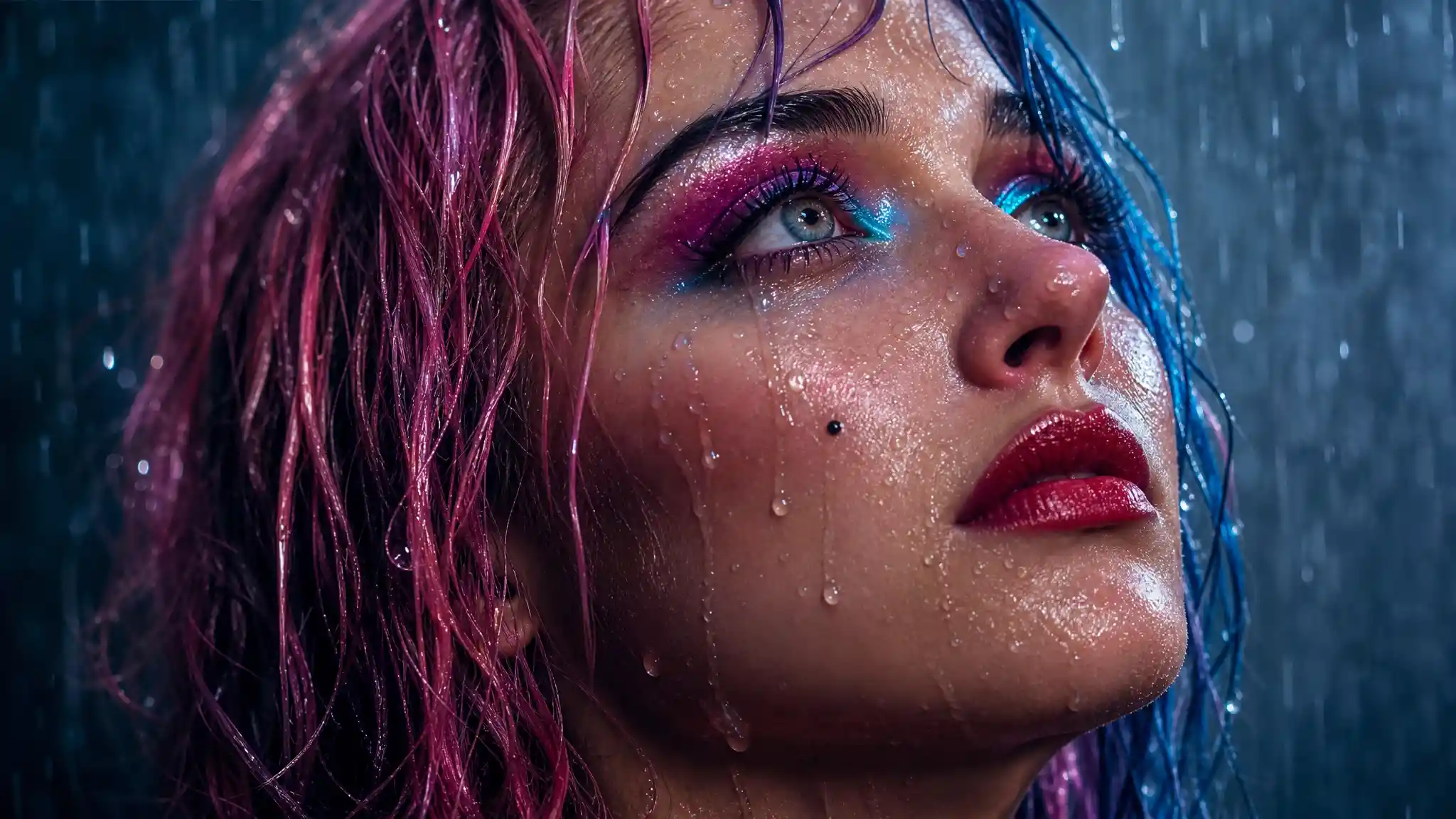 Close up rain soaked woman with pink and blue hair
