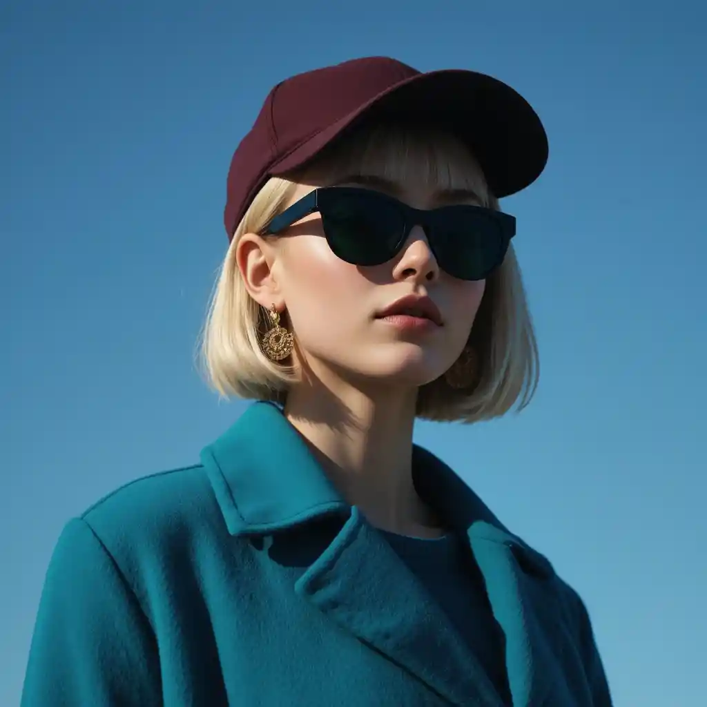 Stylish blonde woman in teal coat on blue background