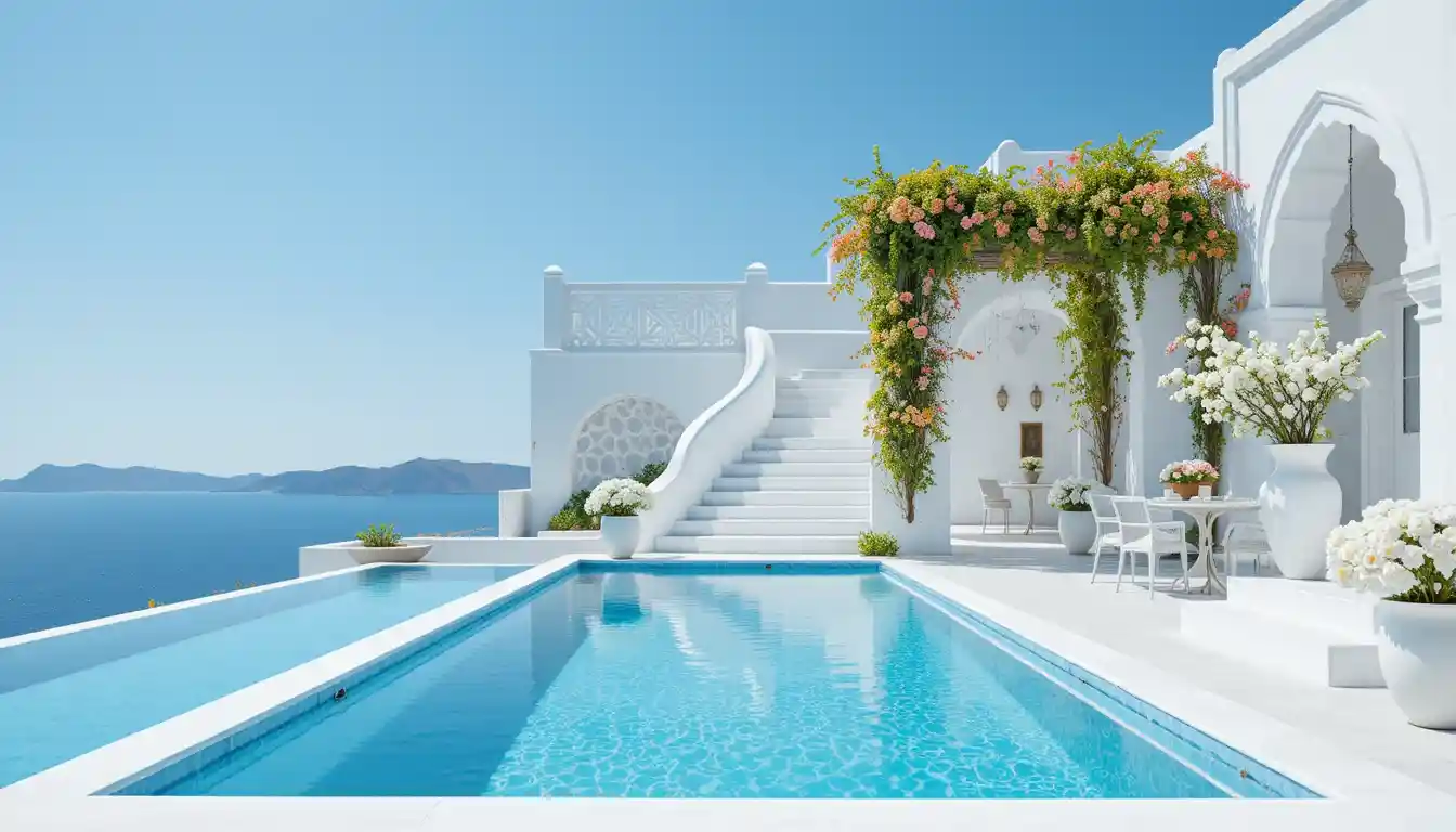 Santorini inspired white architecture with blue infinity pool