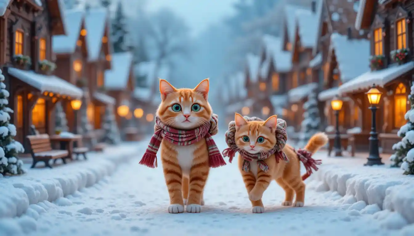 Mother cat and kitten walking through snowy toy village street
