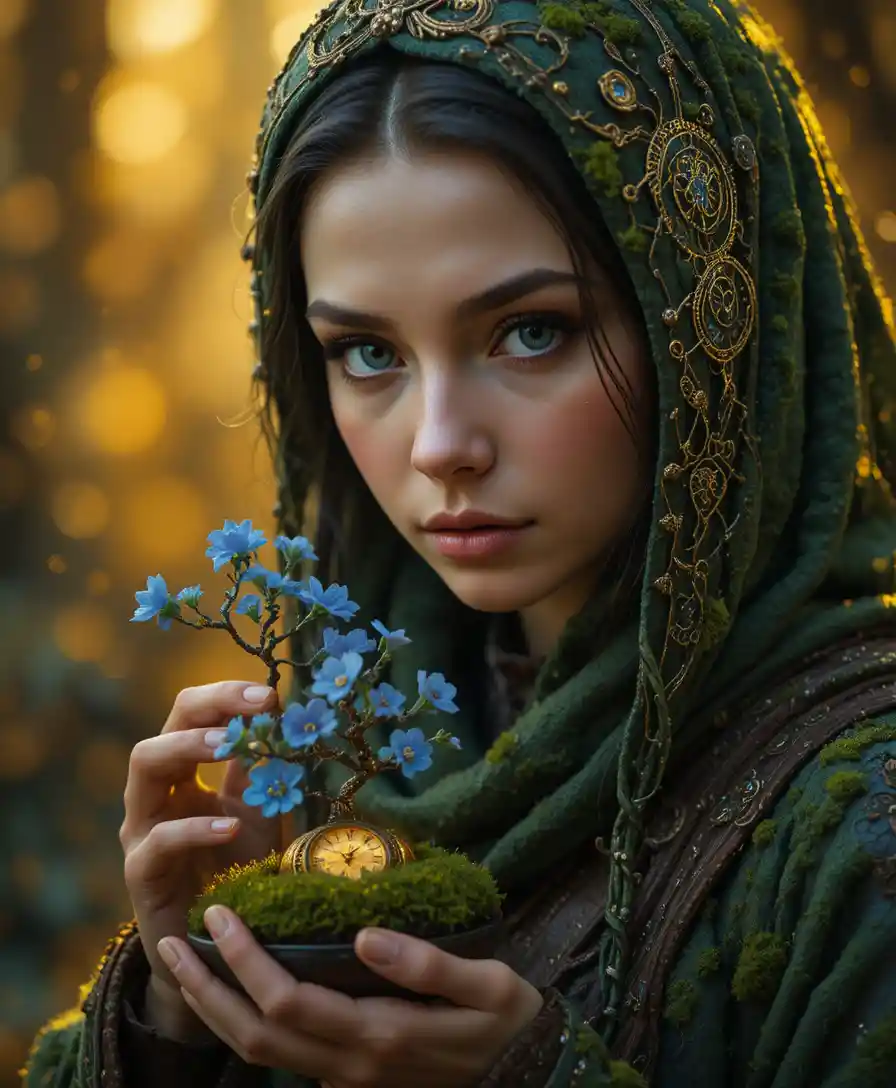 Close up portrait of a moss robed fae gardener