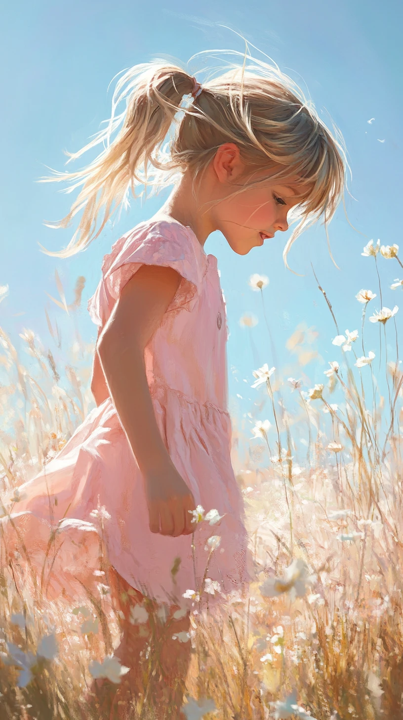 Niña con vestido rosa caminando por un prado soleado