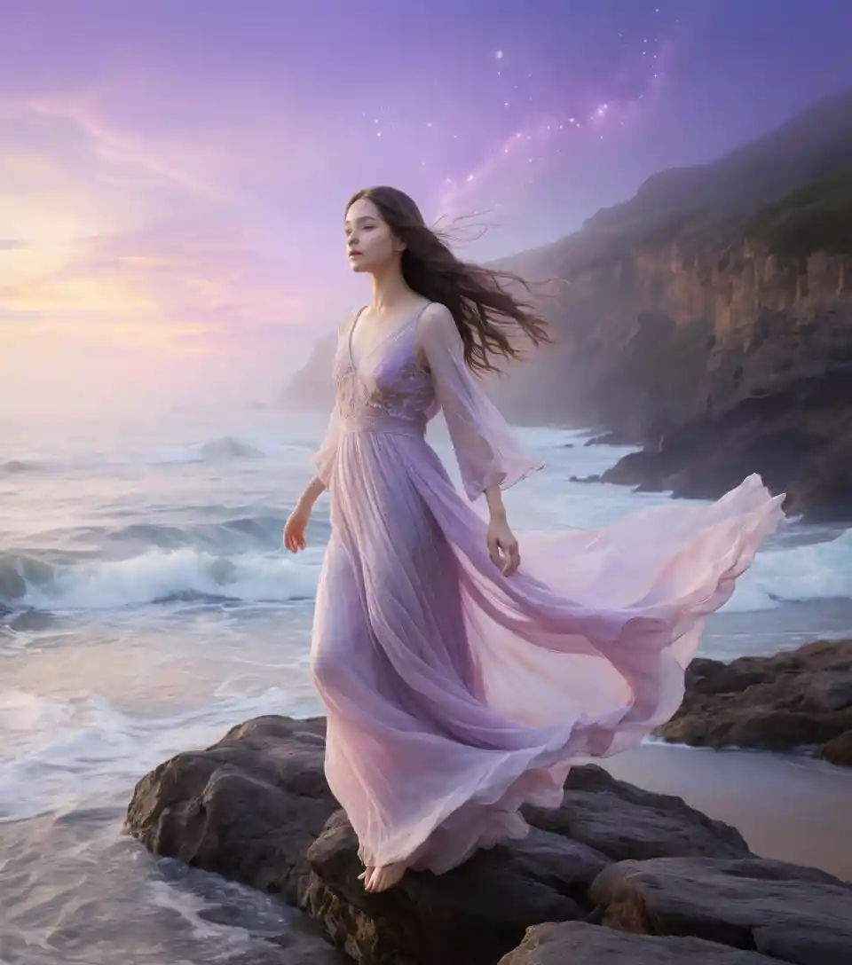 Ethereal woman on misty cliff in cosmic twilight