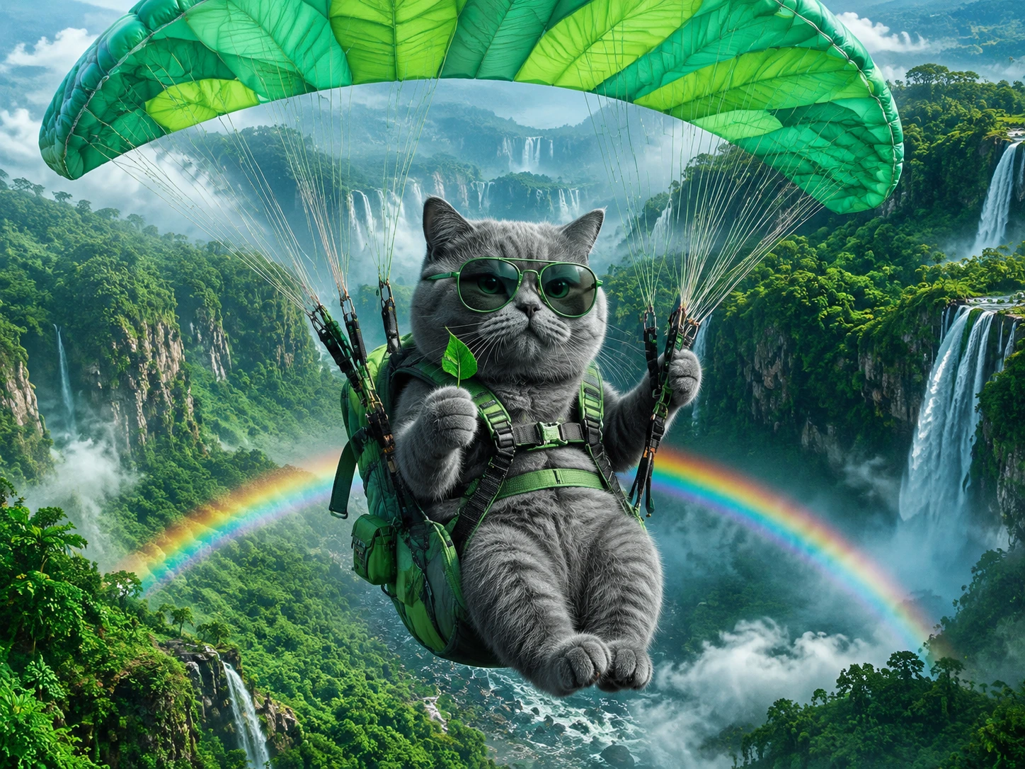 British shorthair cat paragliding above a lush tropical valley