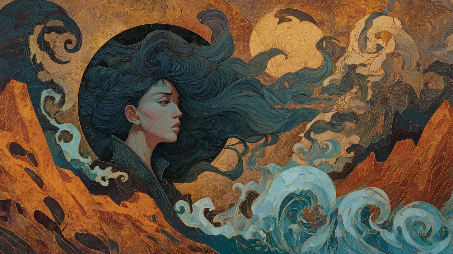 Diosa elemental en un paisaje elemental surrealista y arremolinado