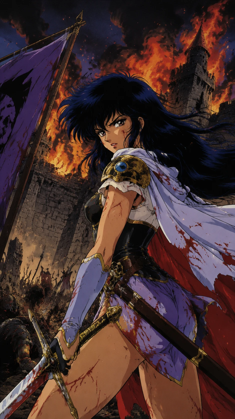 Guerriera anime in piedi in una drammatica scena di battaglia