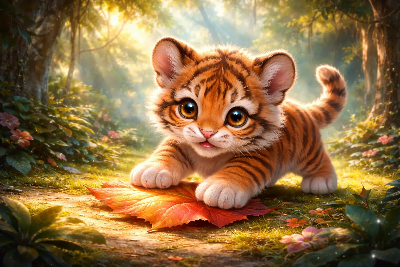 Baby tiger cub playing with a leaf in forest