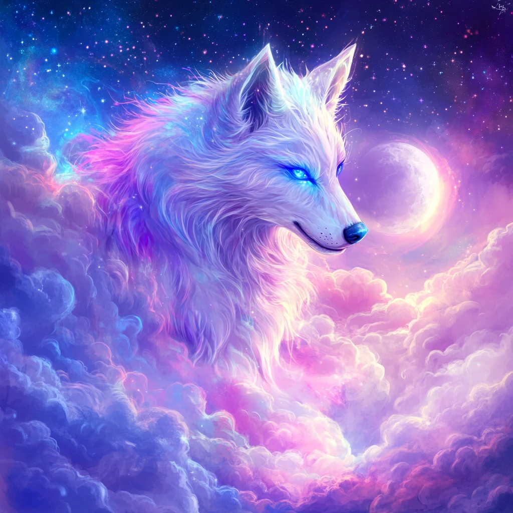 Lobo arcoíris corriendo por un cielo nocturno mágico y estrellado