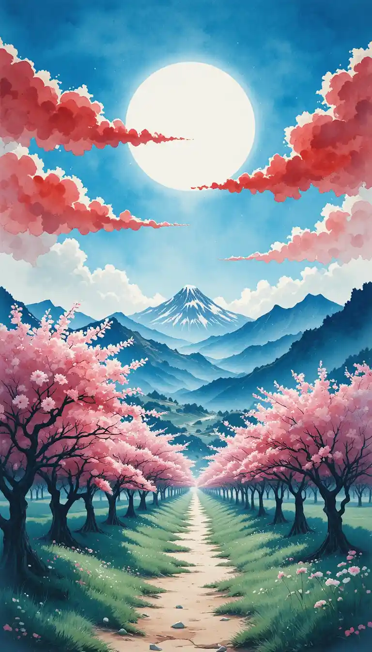Watercolor cherry orchards under a radiant white sun
