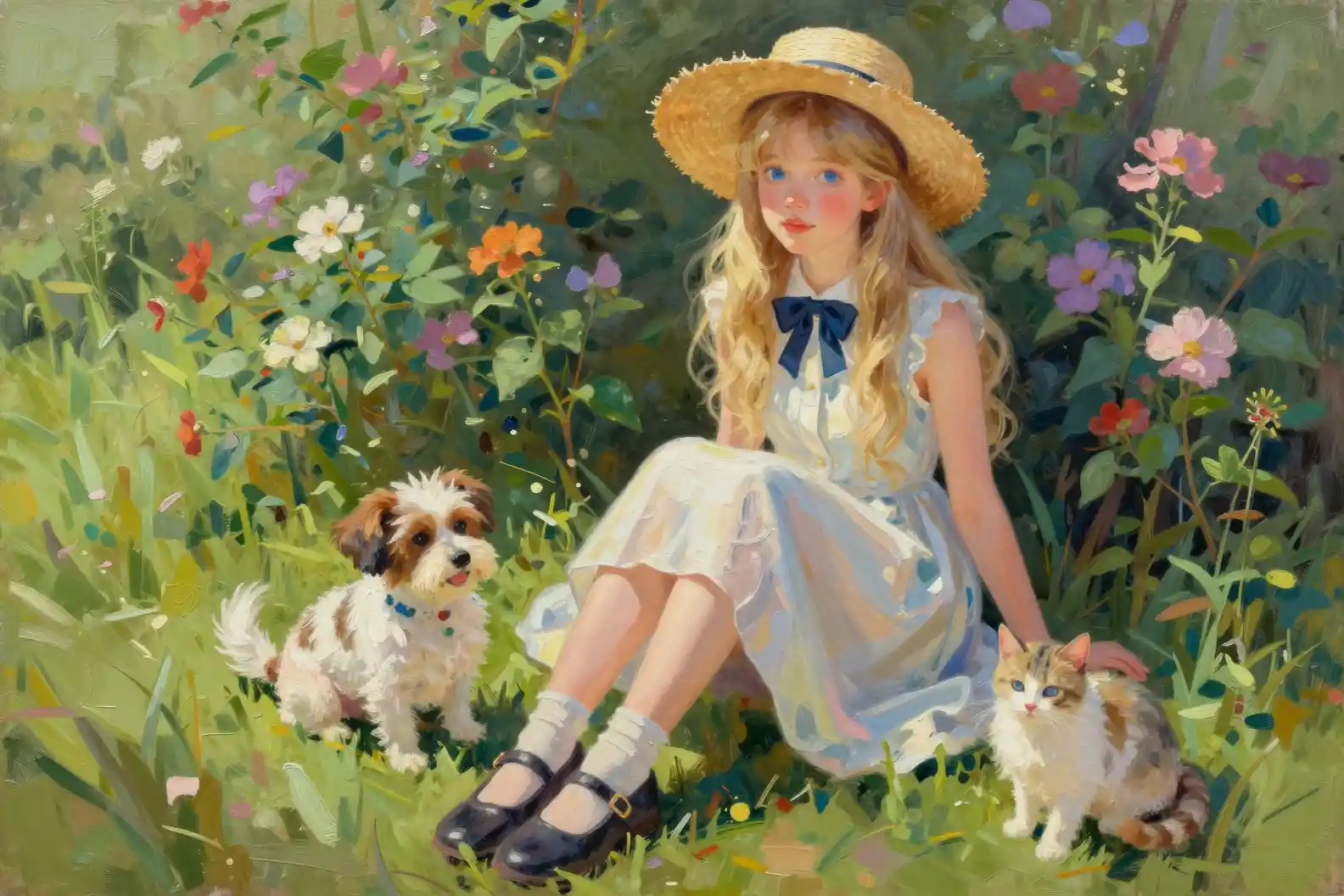 Blonde girl in straw hat sitting on a summer flowerbed