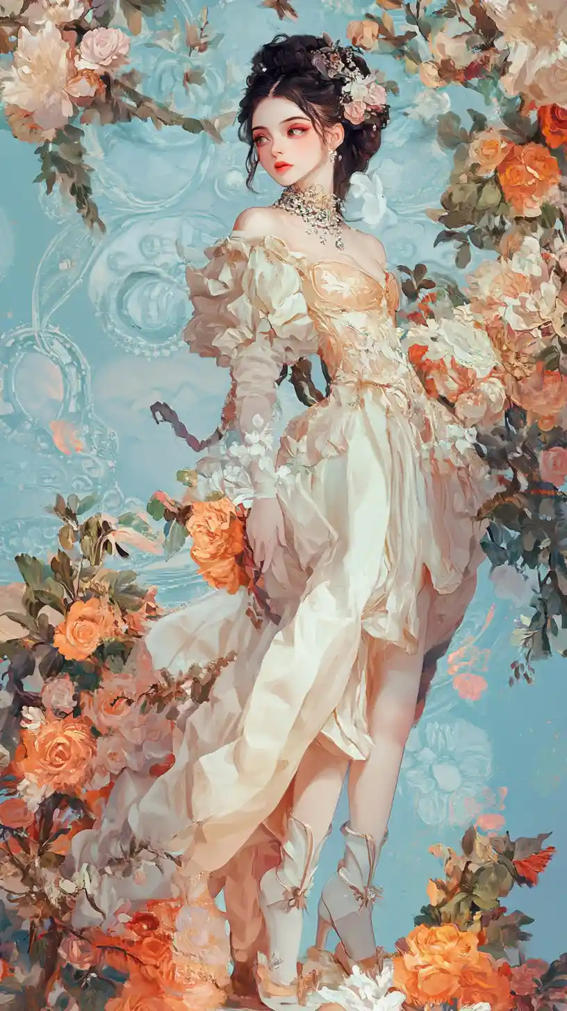 Pastel fantasy girl on floral platform in kaleidoscope scene