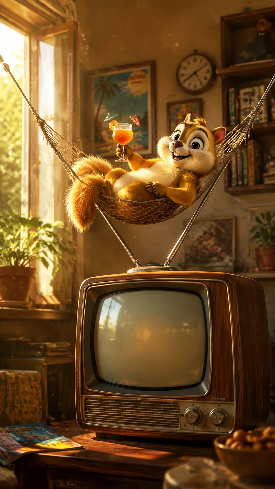 Cartoon creature relaxing in a hammock on vintage television