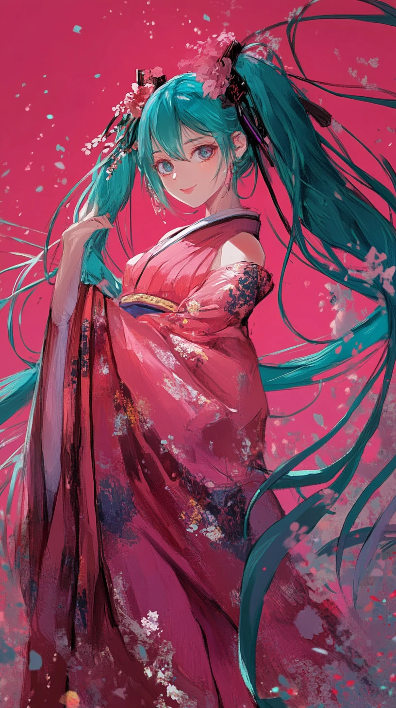 Chica de anime con kimono rosa y cabello turquesa ondulante