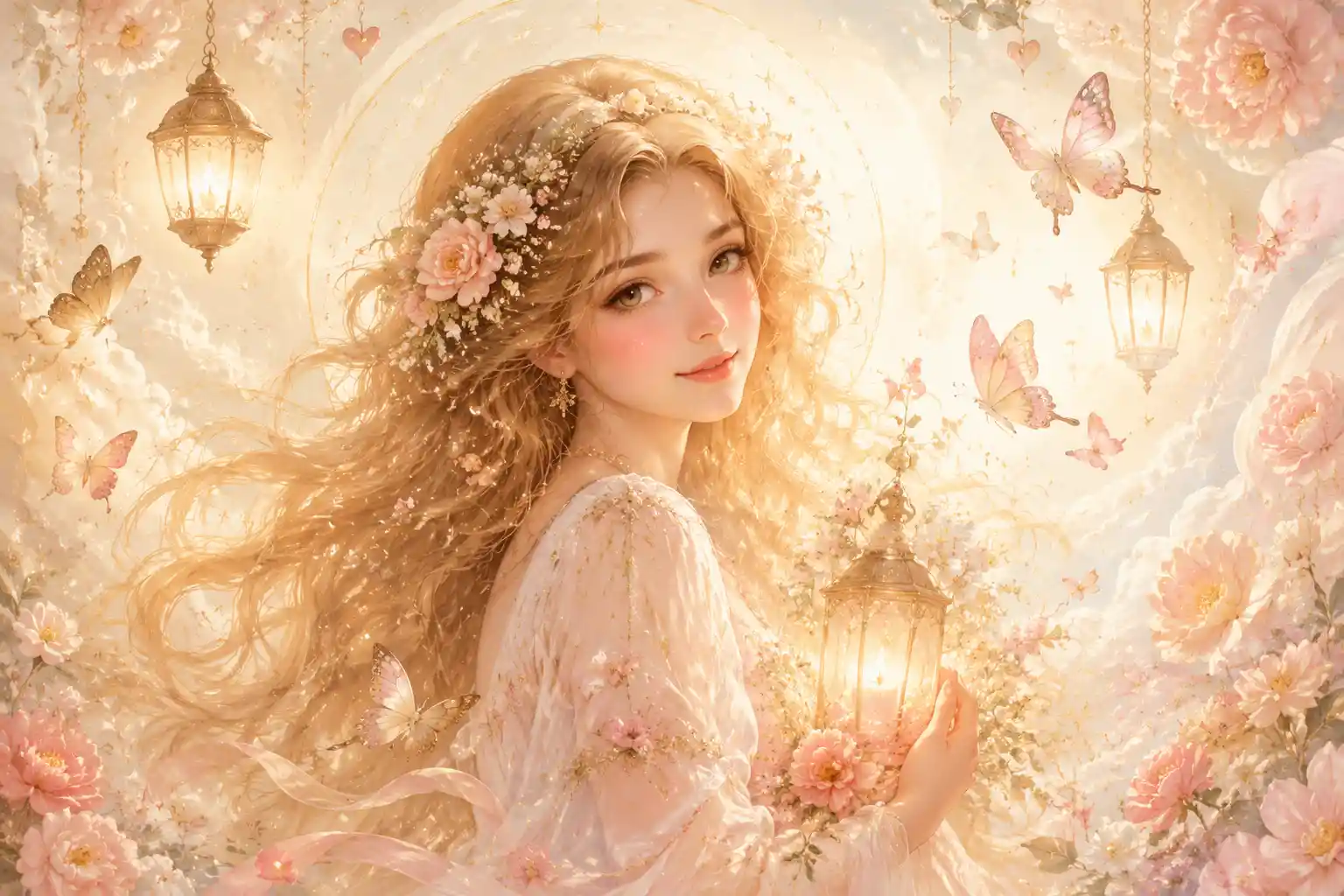 Gentle golden haired woman with flowers and soft glow