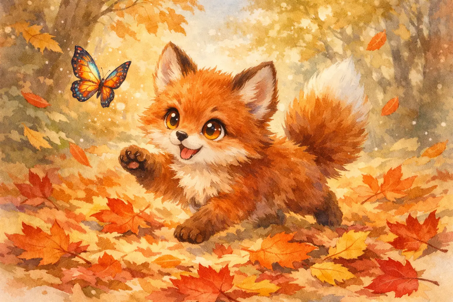 Playful baby fox chasing butterfly in autumn forest