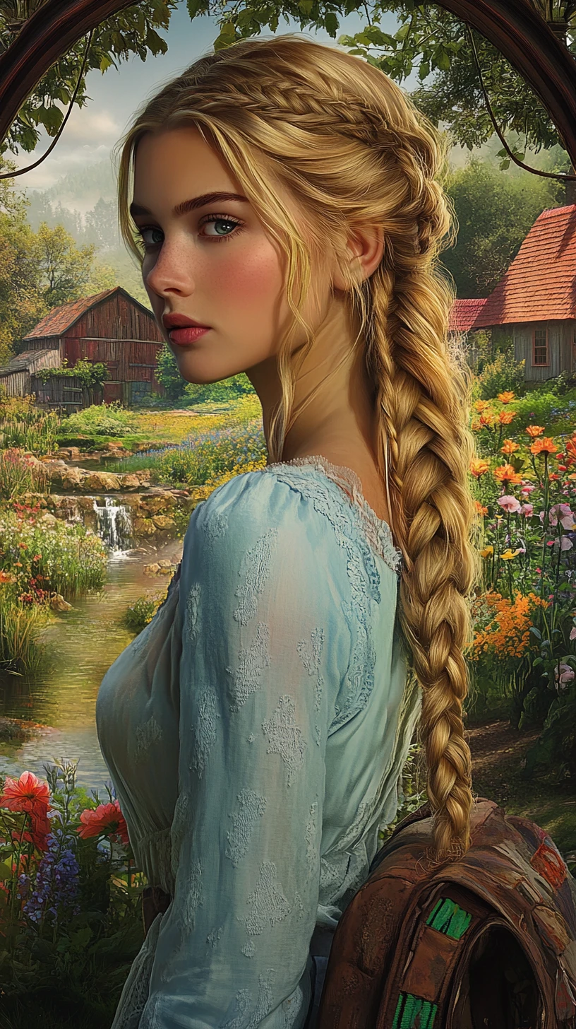 Young blonde woman by window with spring countryside view
