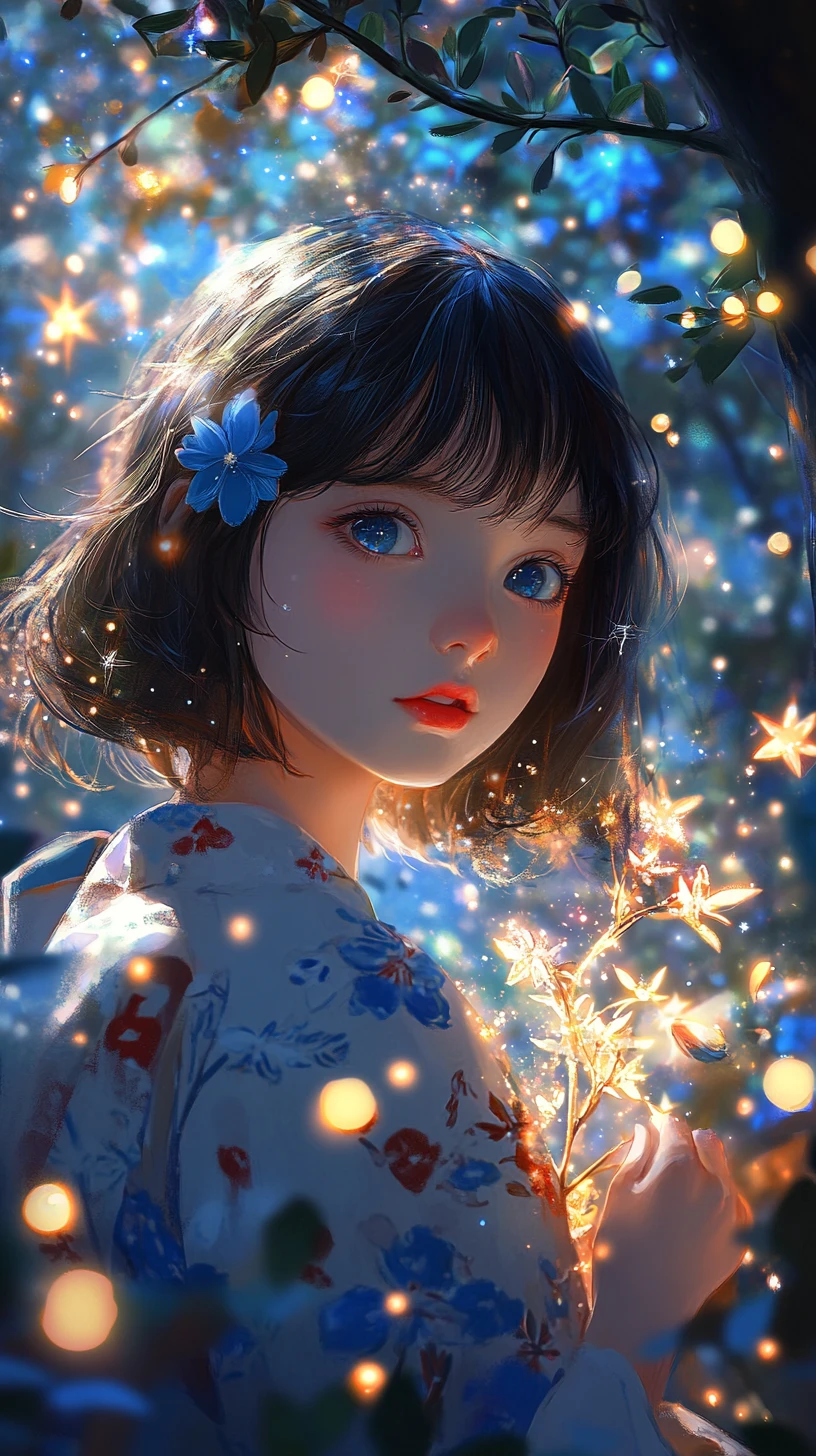 Chica de anime con planta brillante en un bosque estrellado