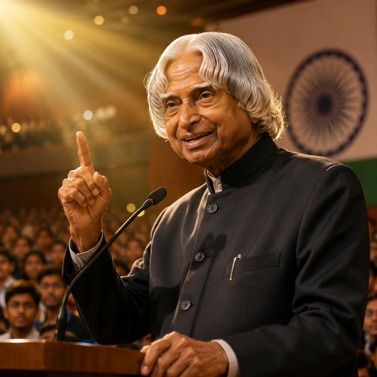 Elderly Indian leader speaking to students on stage