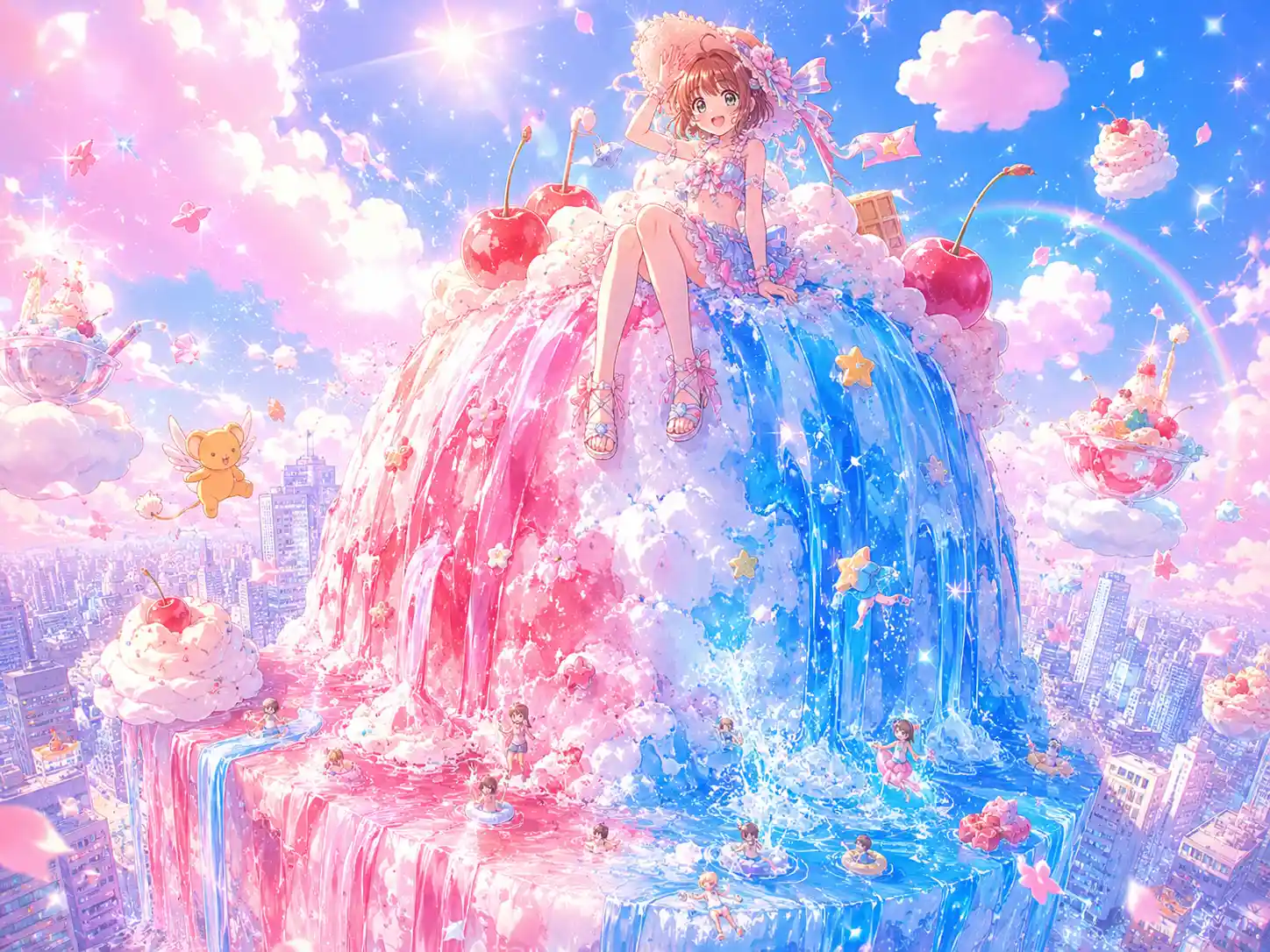 Anime girl atop giant shaved ice in dreamy sky