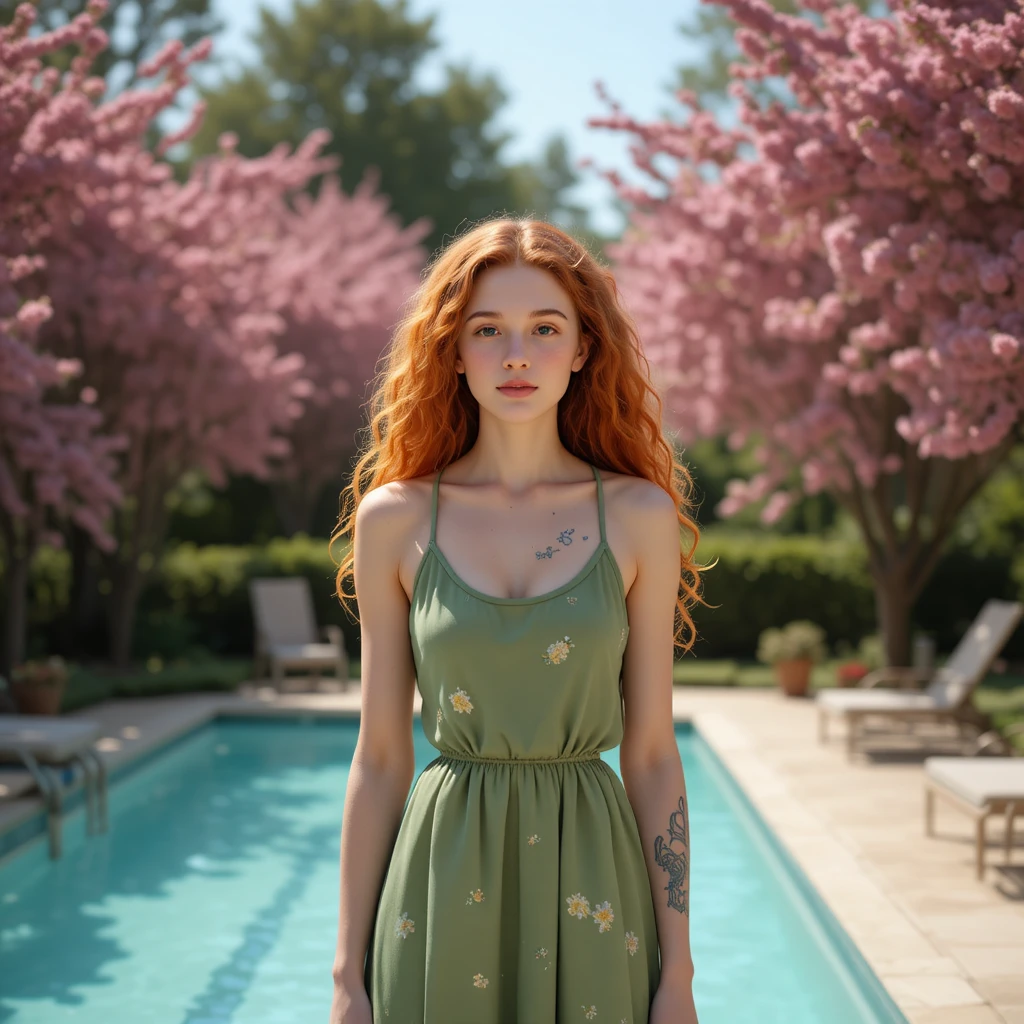 Mädchen im grünen Sommerkleid an sonnigem Pool mit Blüten