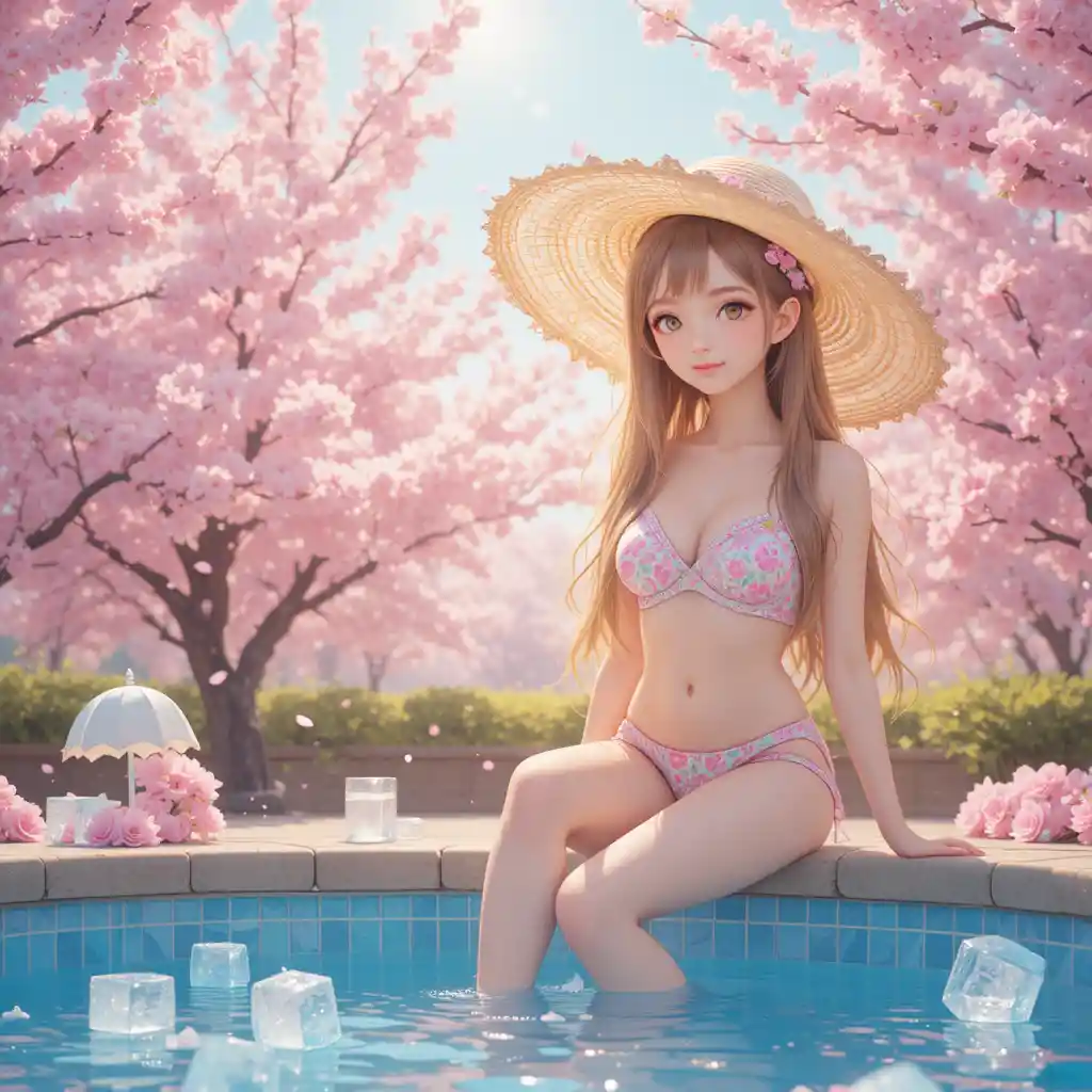 Cherry blossoms and sunny poolside scene for early summer