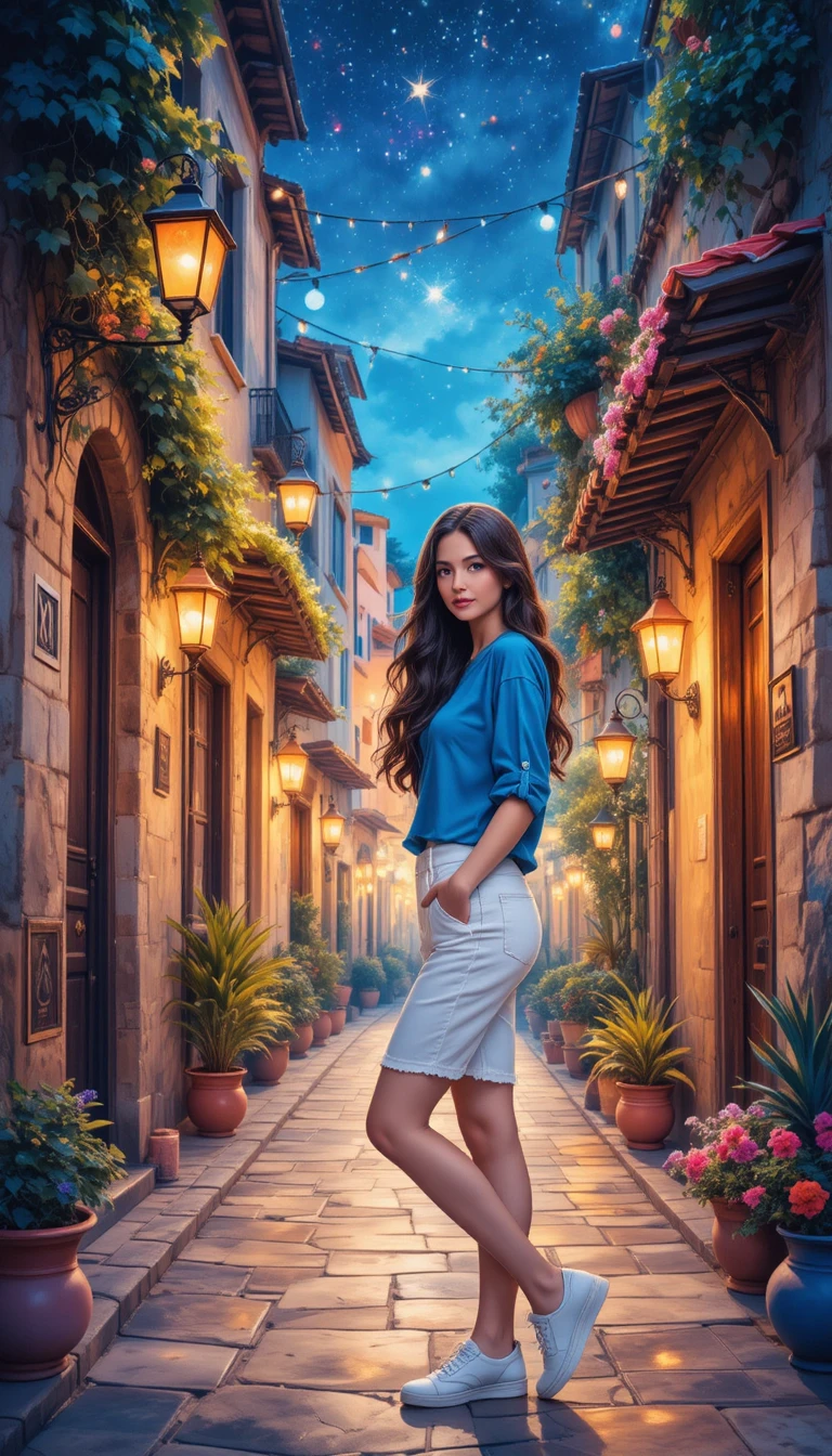 Italian girl in blue shirt walking a lantern lit alley
