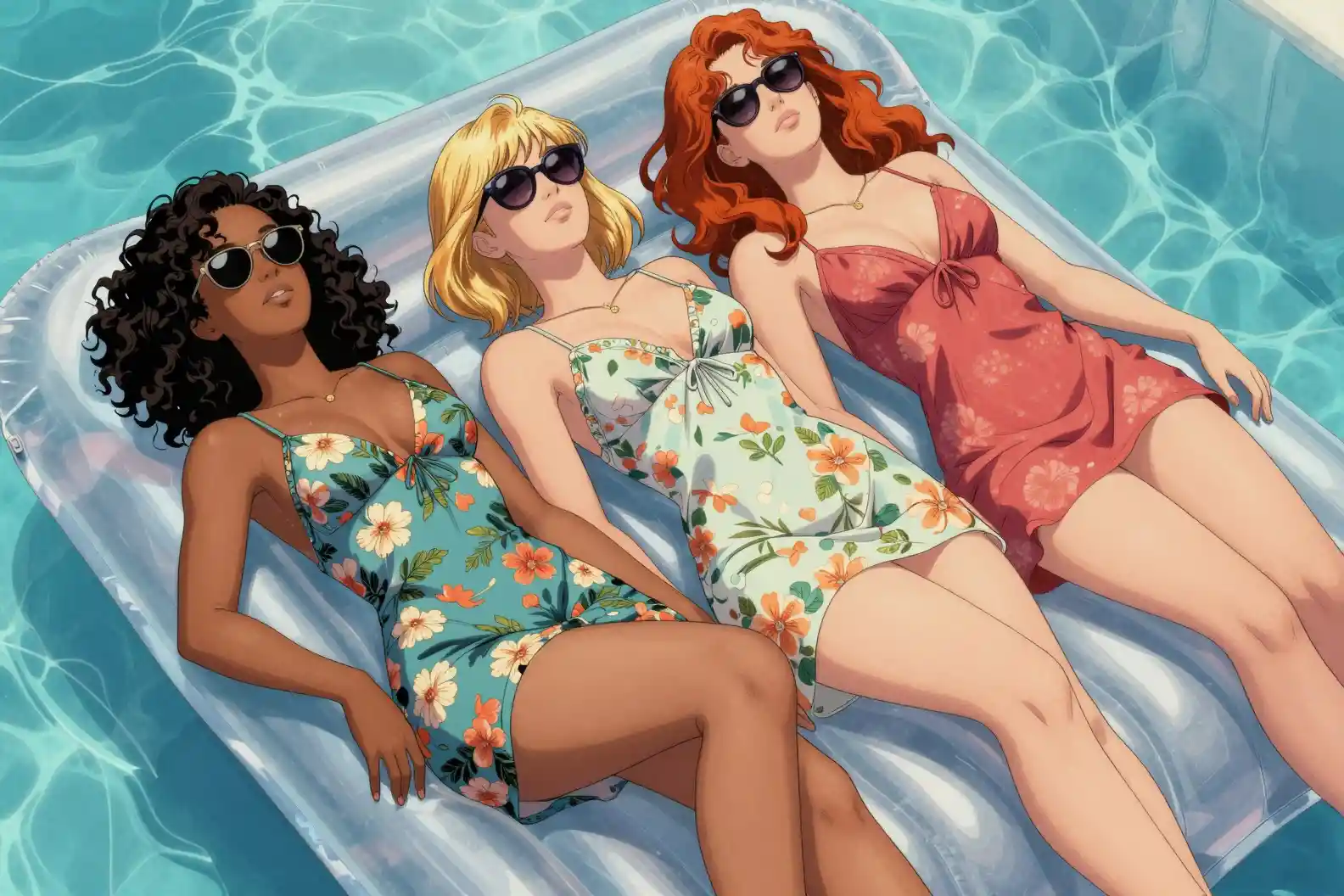 Three women sunbathing on a floating transparent mattress