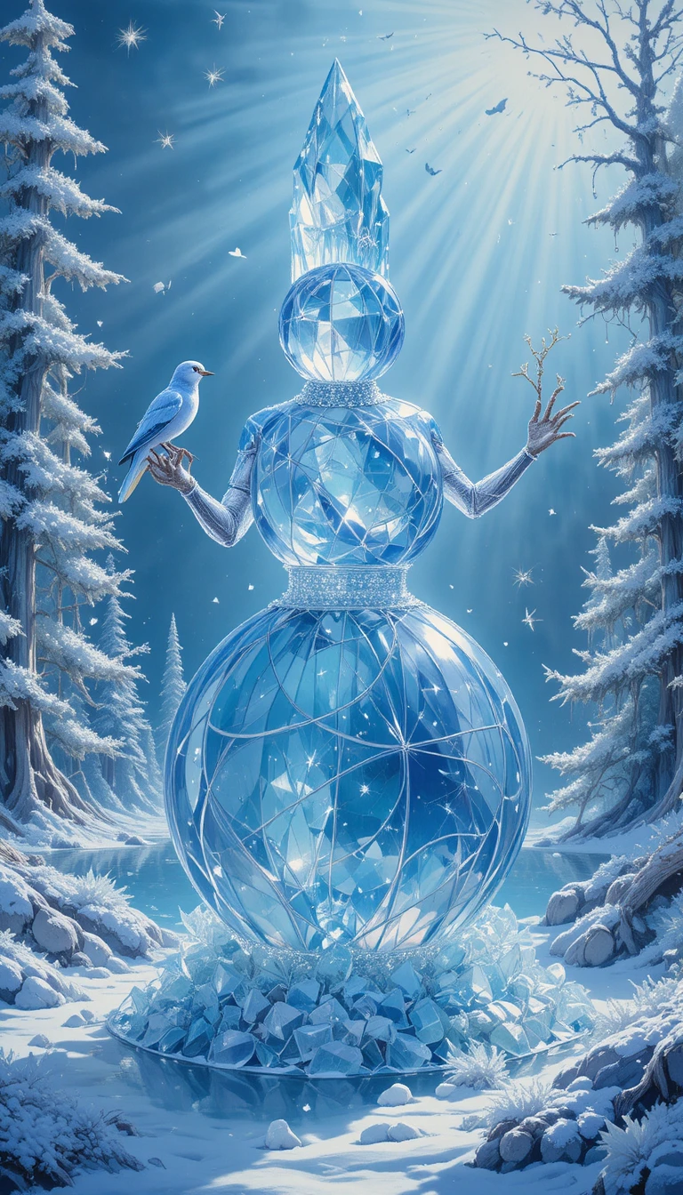 Crystal snowman by a shimmering lake with crystal trees