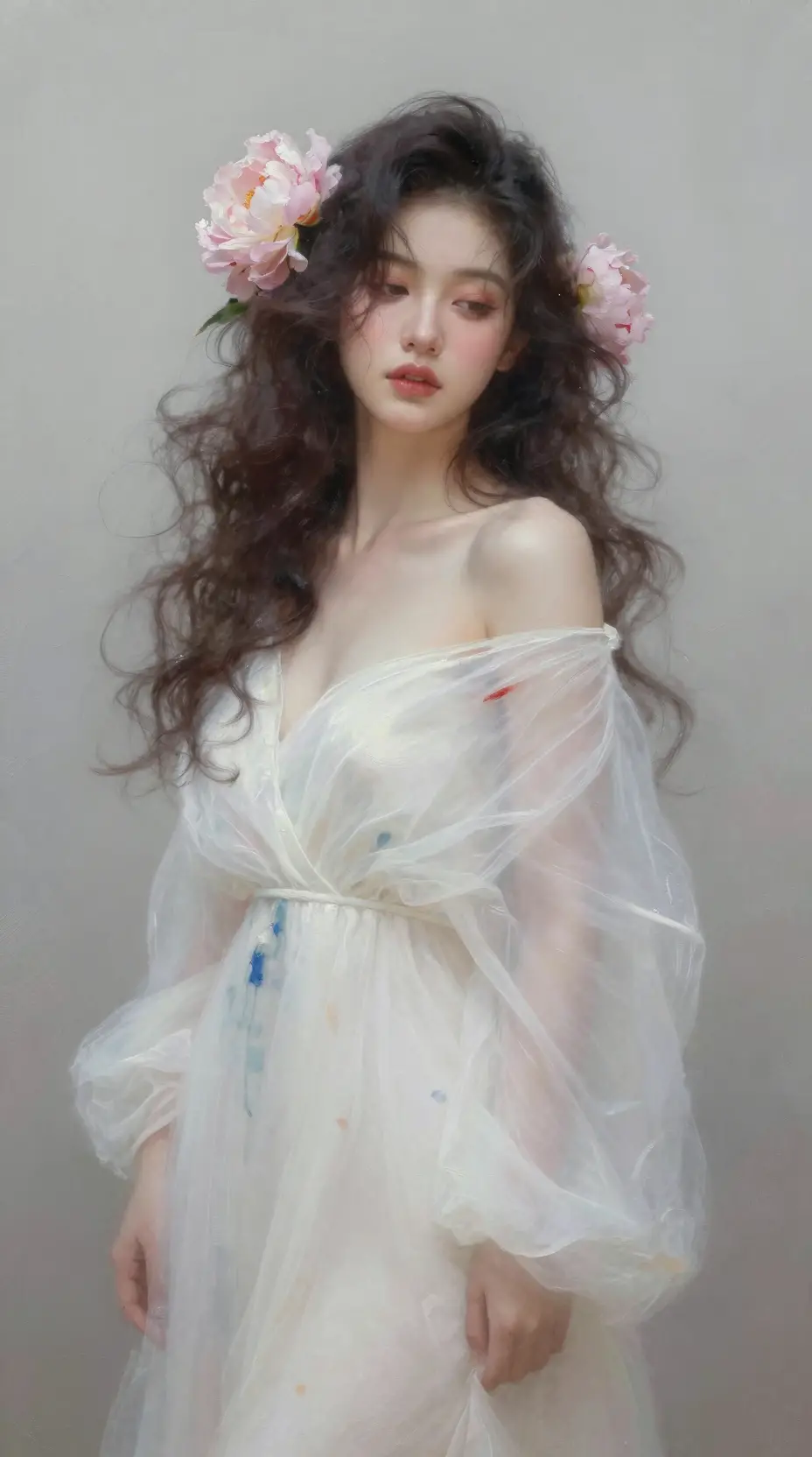 Dreamy portrait of a young woman with pink peonies