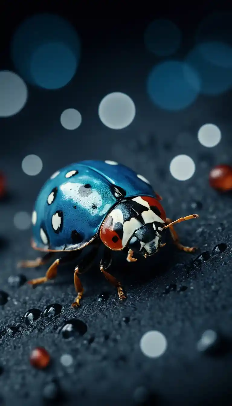 Photorealistic collage of a blue ladybird with white dots
