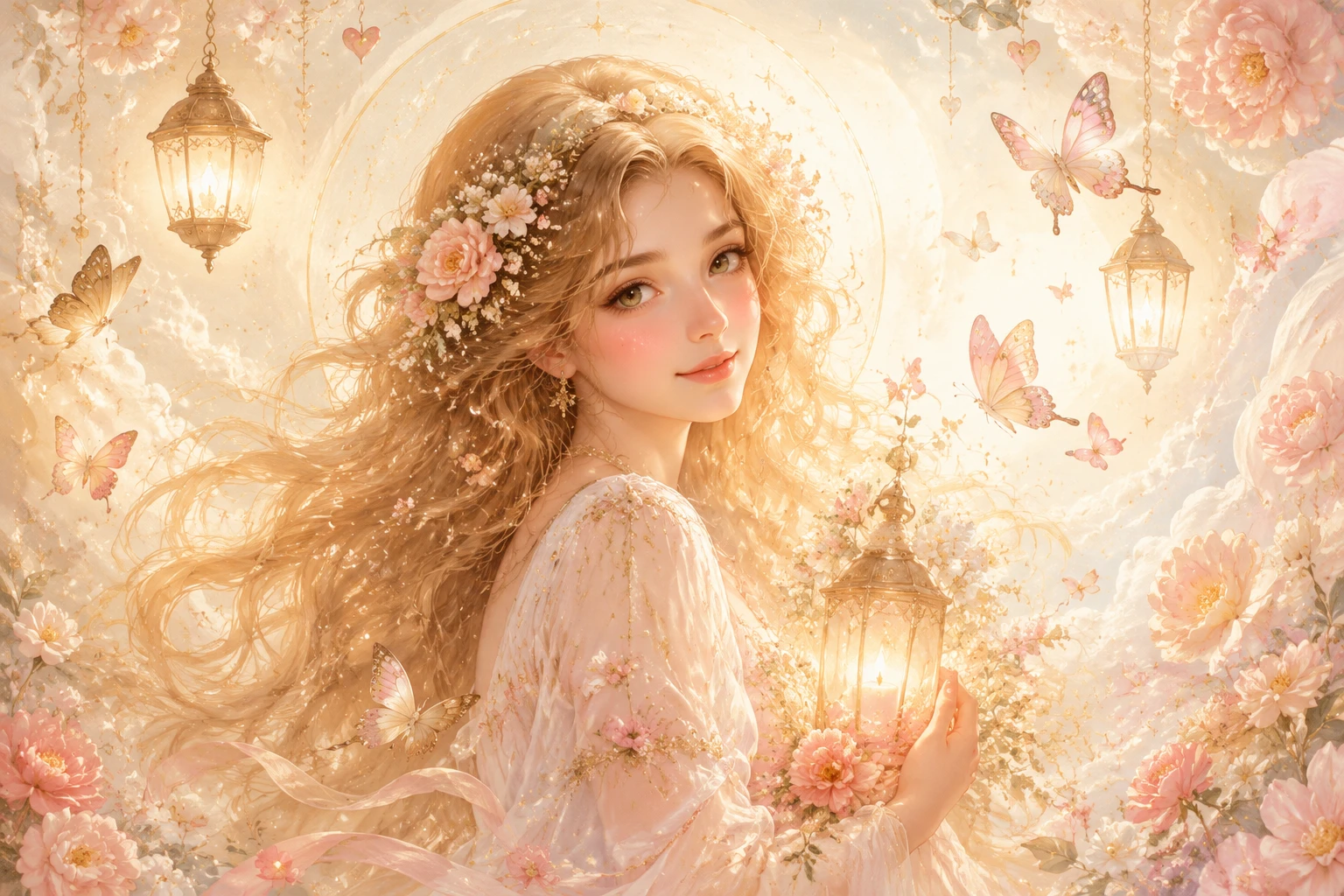 Gentle golden haired woman with flowers and soft glow