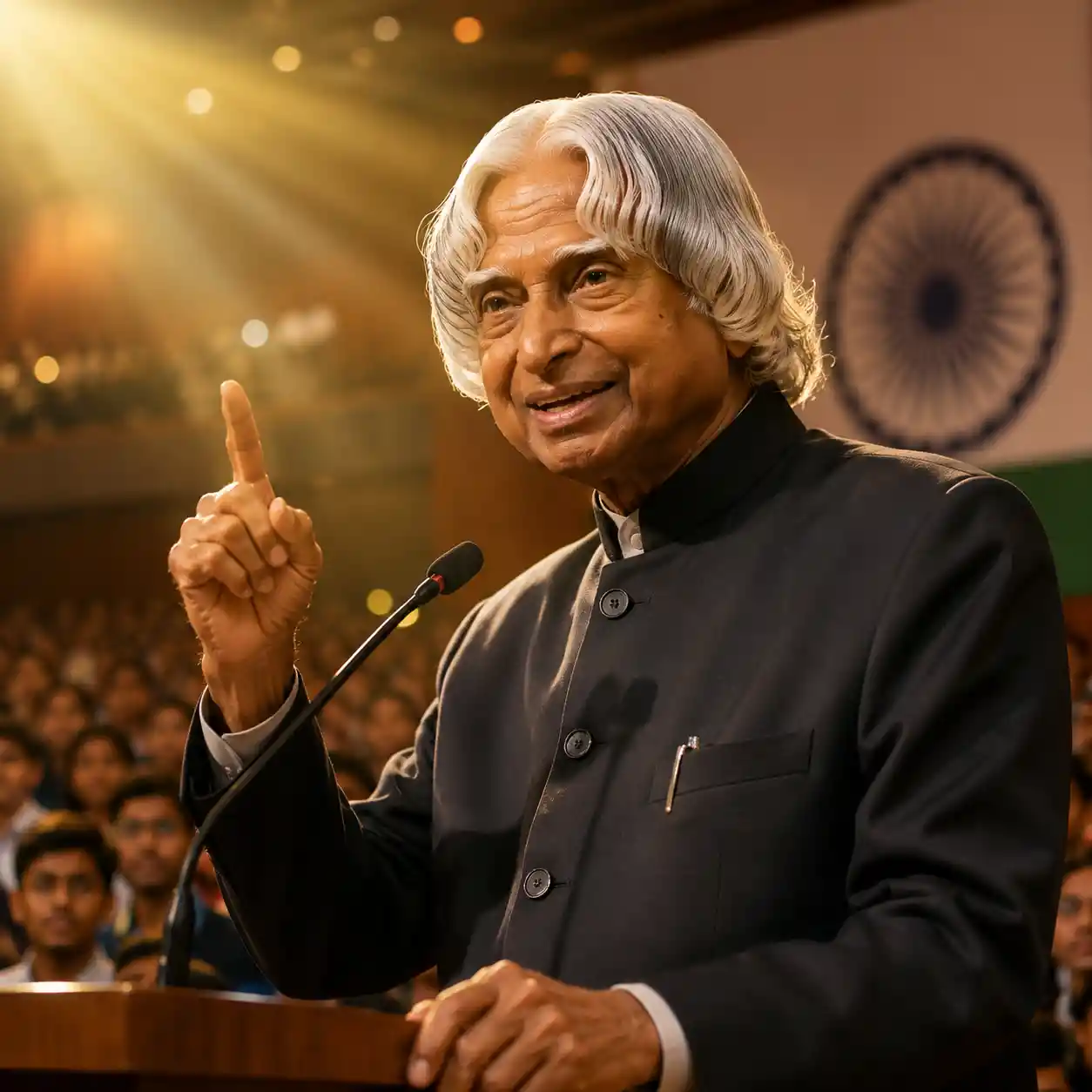 Elderly Indian leader speaking to students on stage