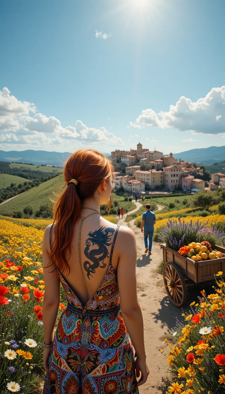 Woman in a wildflower field with dragon back tattoo